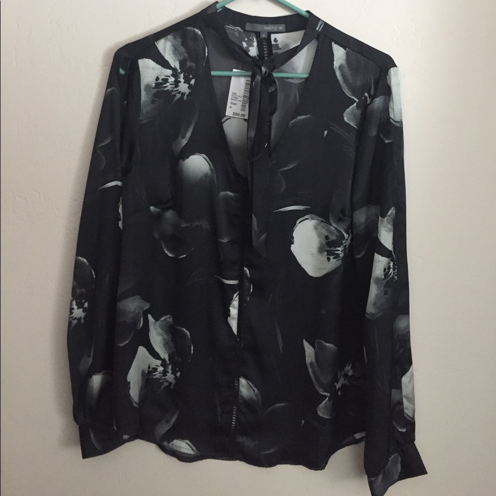 Black silk floral long sleeved top